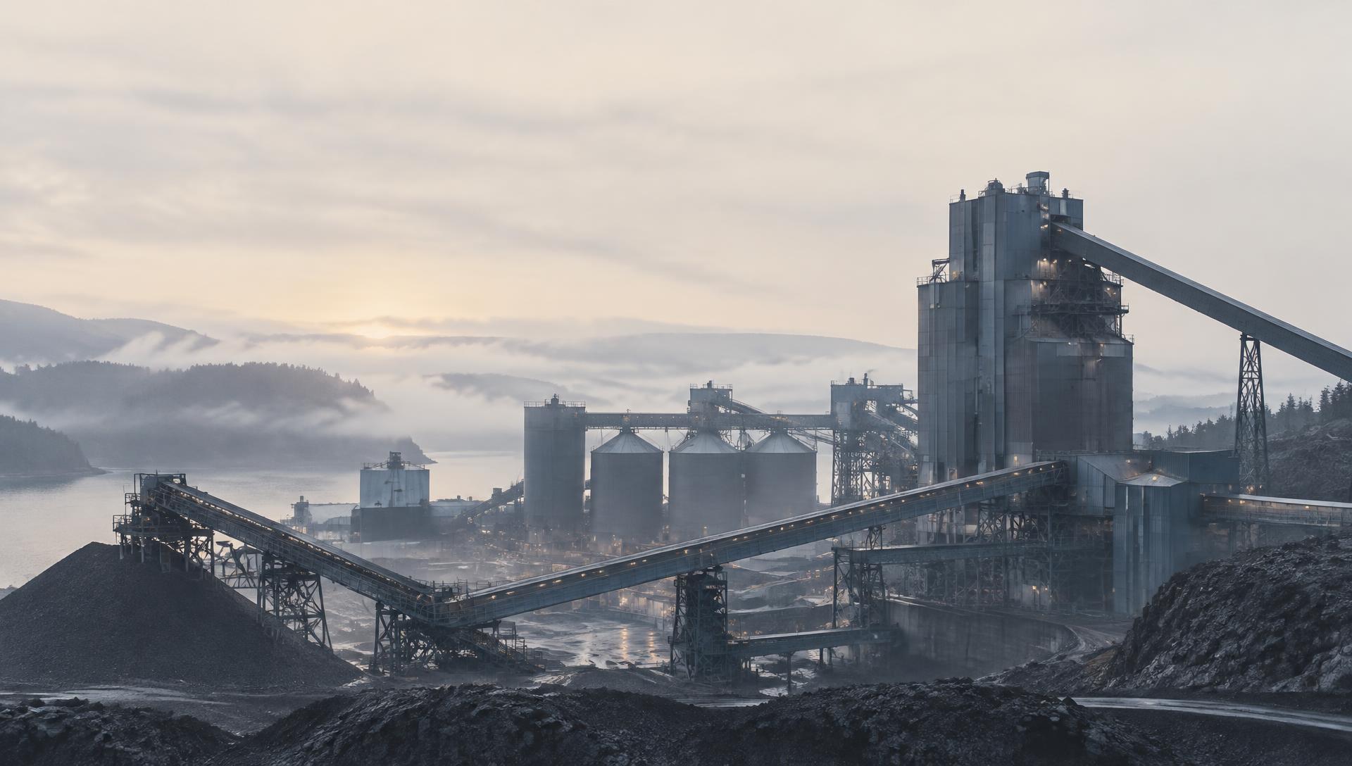 Heavy industrial processing plant with conveyors and silos in morning fog